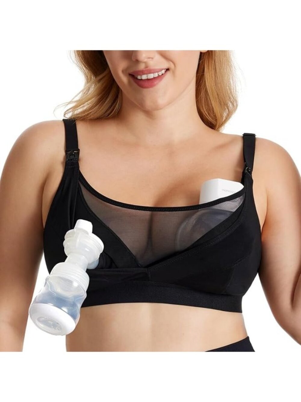 Momcozy Mesh Support Hands Free Pumping Bra Nursing Bra Medium Plus 3‑in‑1 Black